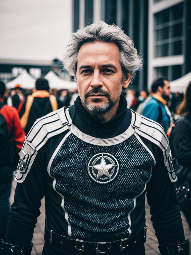 Confident Cosplayer in Armored Jersey Costume