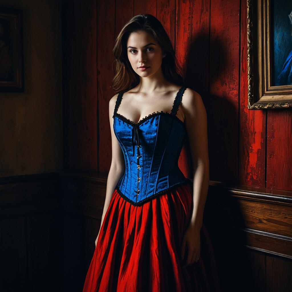 Elegant Woman in Blue Velvet Corset and Red Skirt Against Red Wooden Wall
