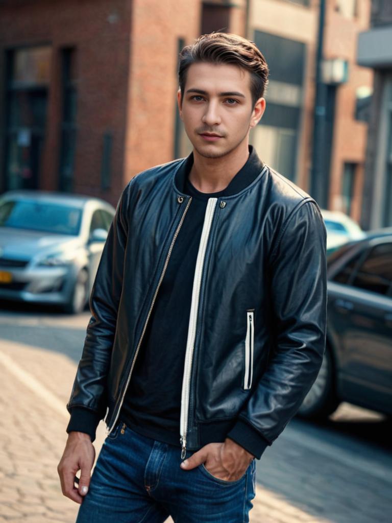 Confident Young Man in Black Leather Jacket