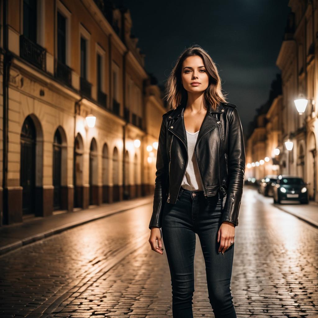 Chic Young Woman in Leather Jacket on Cobblestone Street at Night