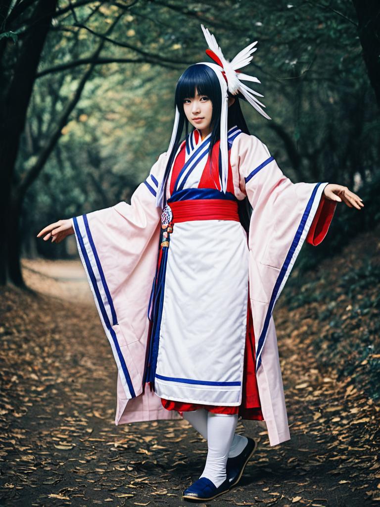 Woman in Realistic Nakoruru Cosplay Costume Standing on Forest Path