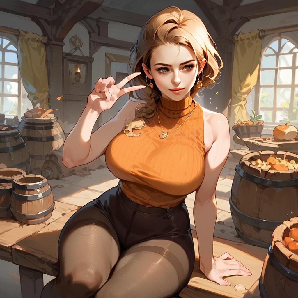 Anime Style Illustration of Blonde Woman in Rustic Room with Barrels and Fruit
