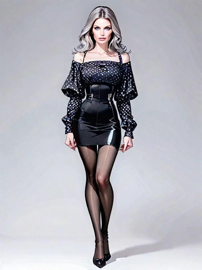 Realistic Comic Style Full Body Shot of Elegant Woman in Glossy Black Outfit