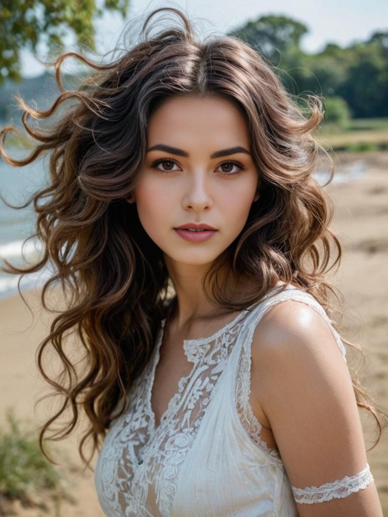 Elegant Woman by the Beach in Lace Dress