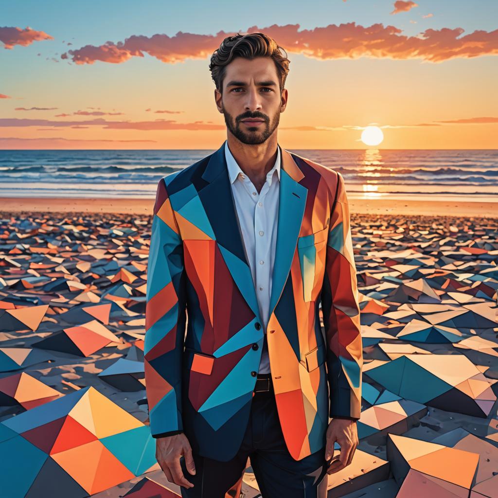 Man in Geometric Suit on Beach at Sunset