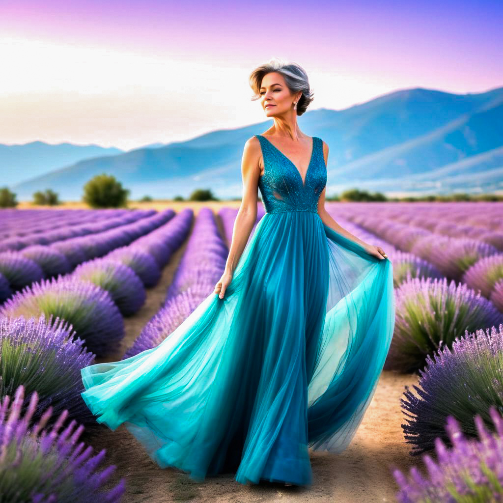 Elegant Woman in Teal Gown in Lavender Field