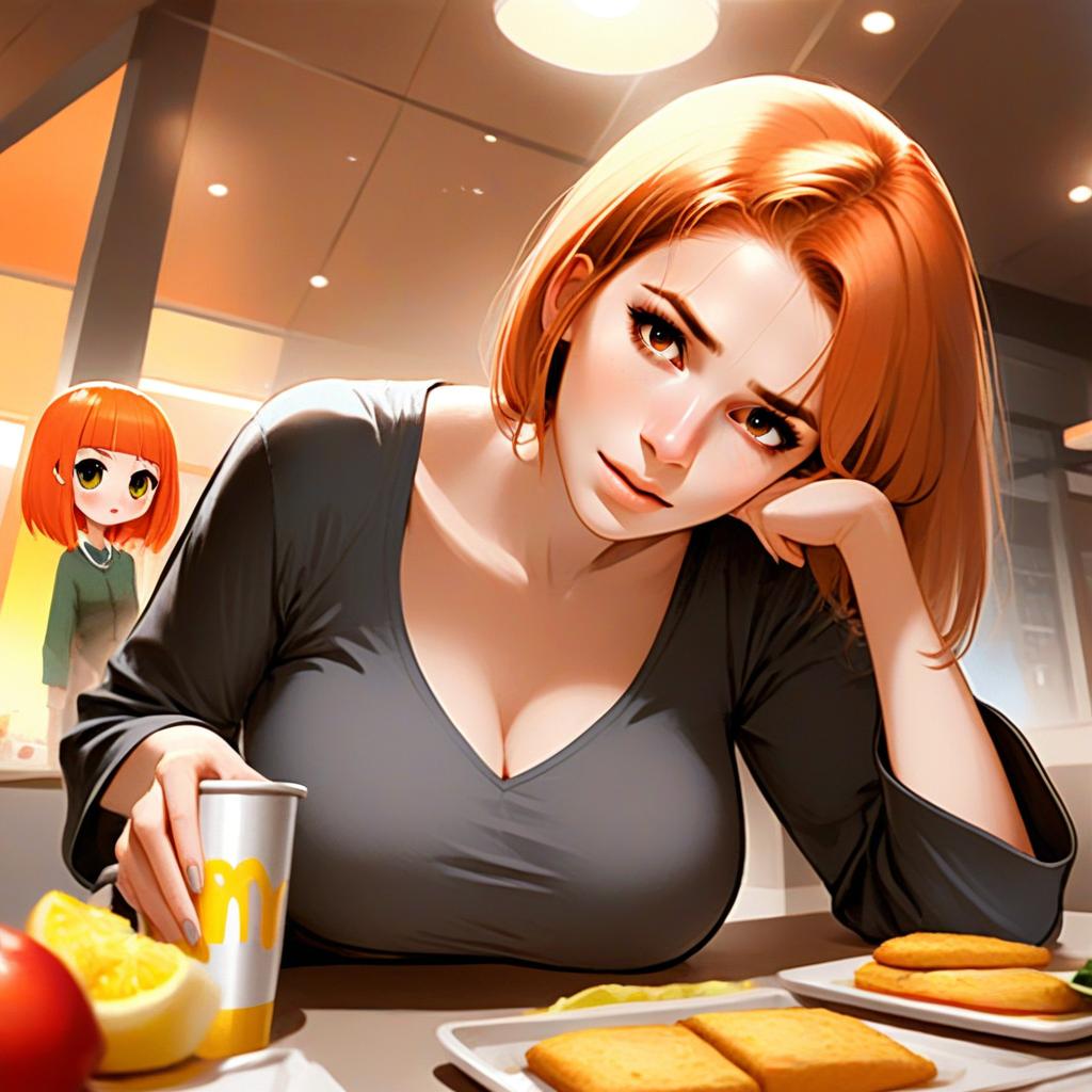 Digital Art of Red-Haired Woman and Anime Girl in Modern Kitchen