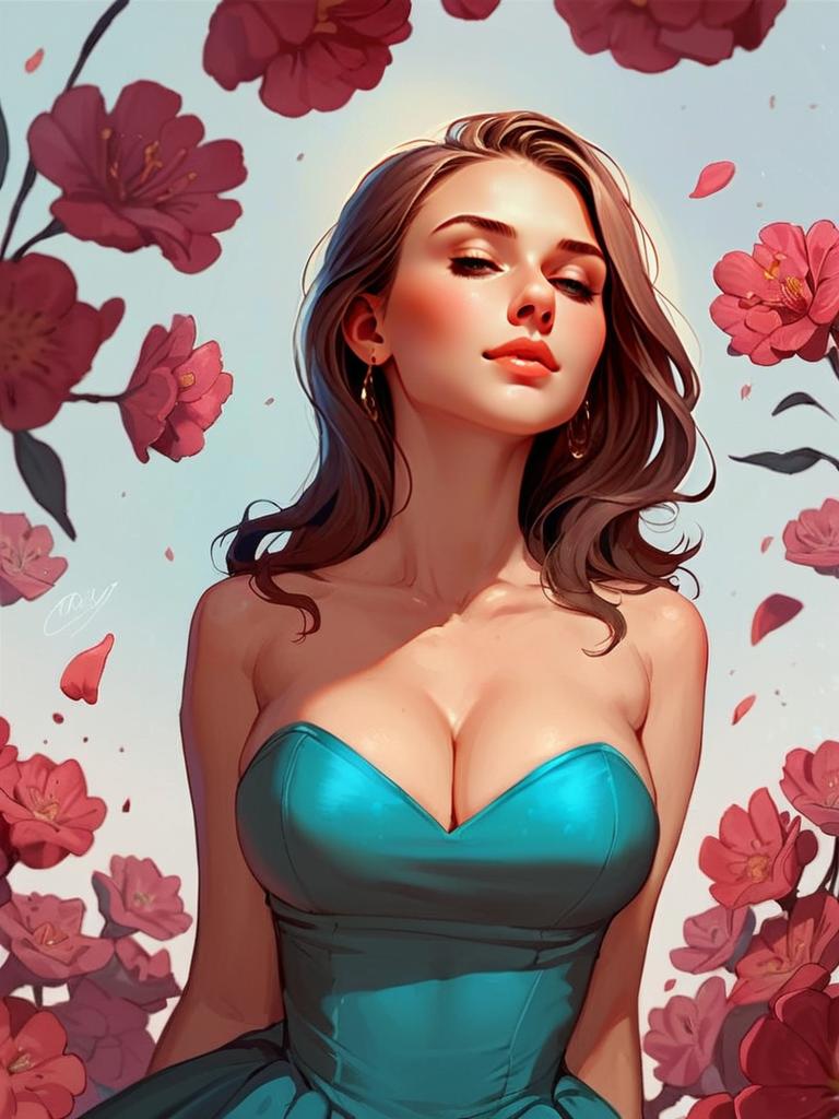 Confident Woman in Turquoise Dress with Pink Flowers
