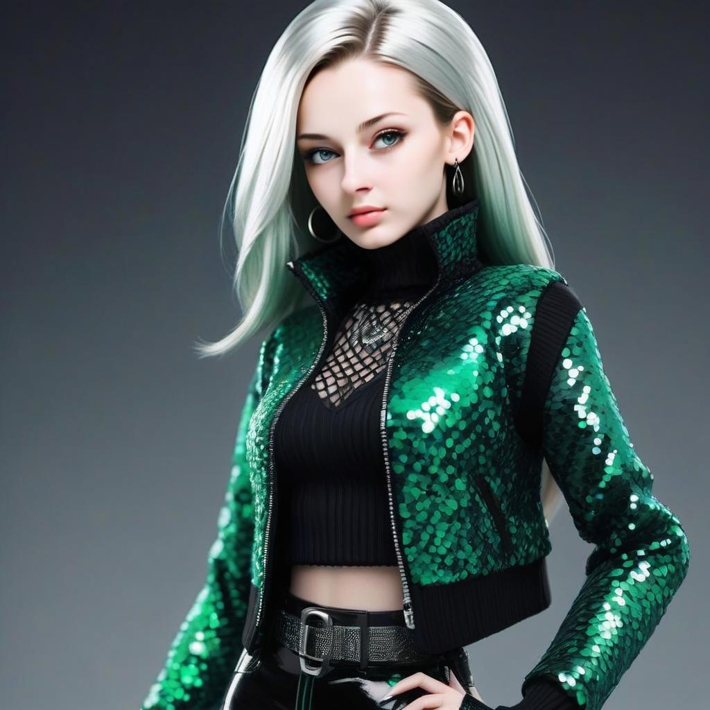 Stylish Woman in Green Sequined Jacket