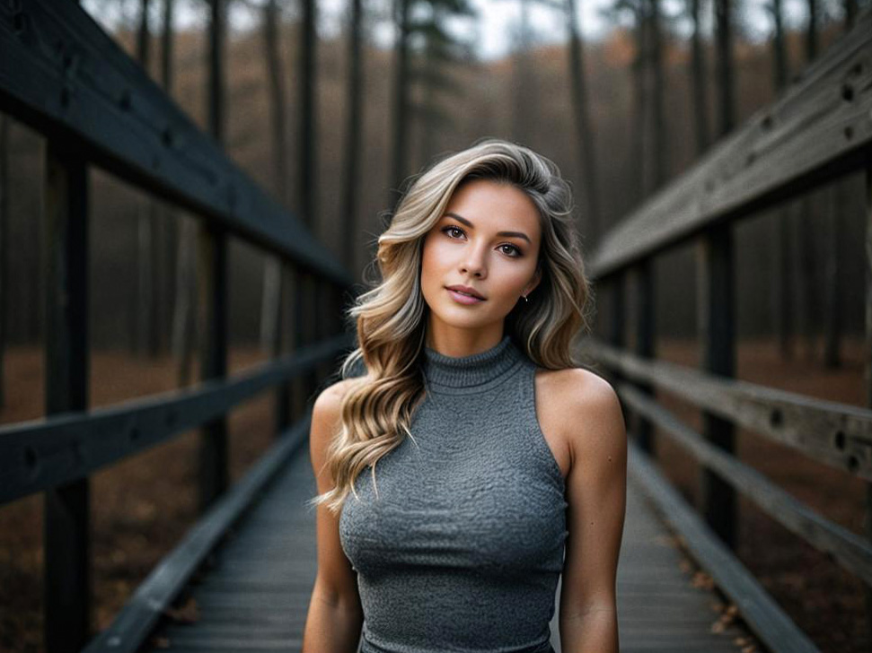 Confident Woman on Wooden Pathway in Nature