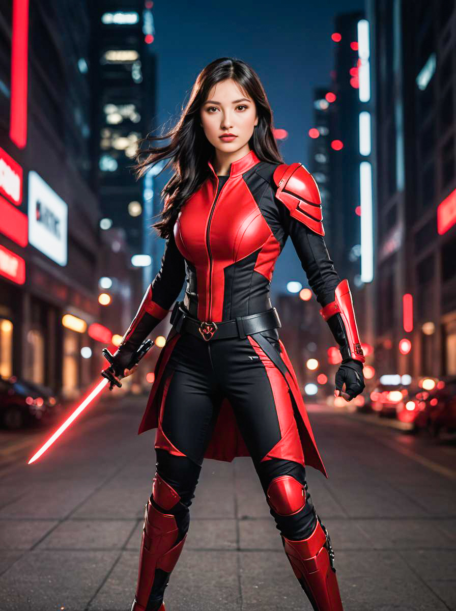 Confident Woman in Red and Black Superhero Costume