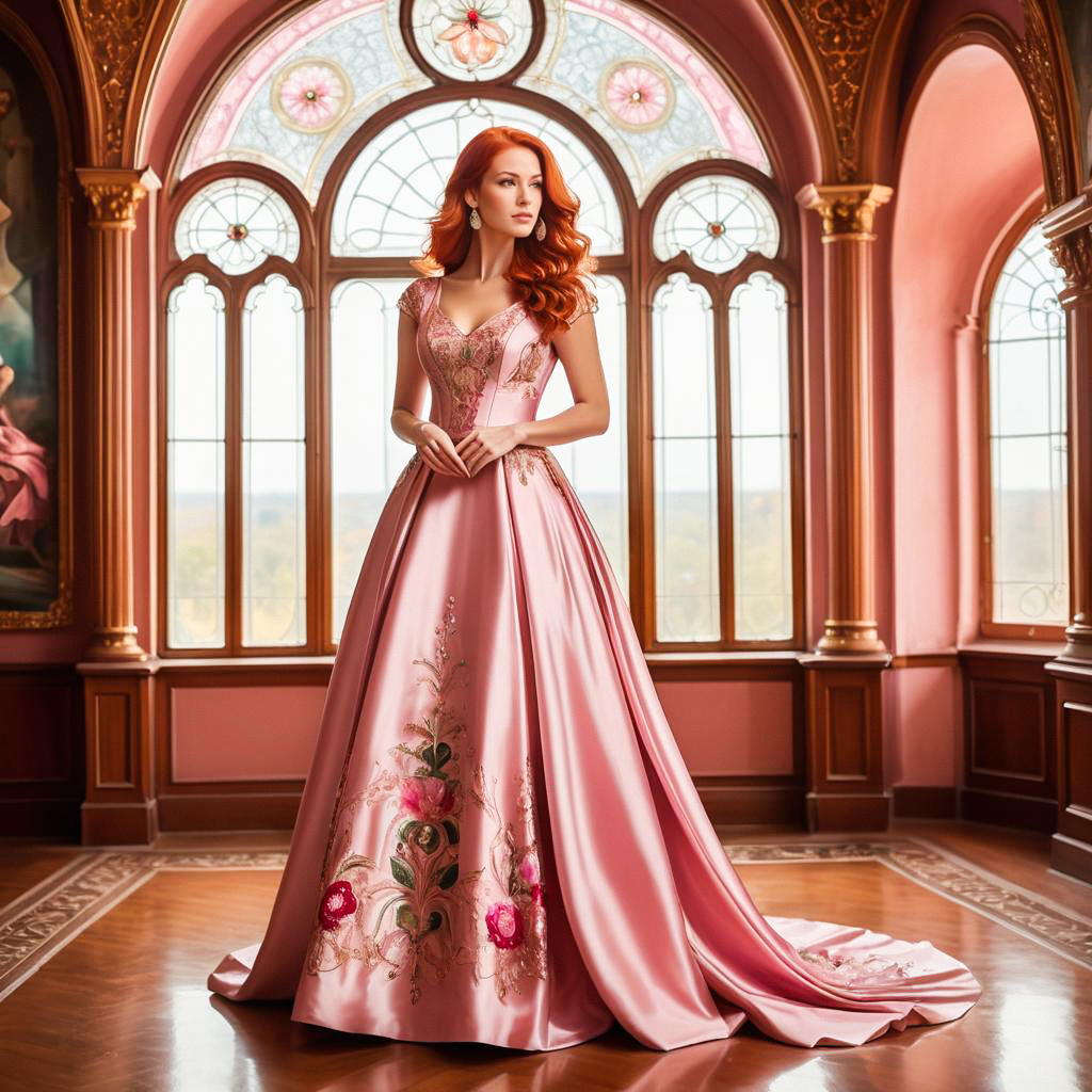 Elegant Red-Haired Woman in Pink Satin Gown
