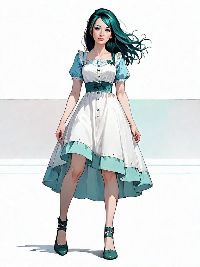 Realistic Comic Style Full Body Woman in Stylish White and Teal Dress