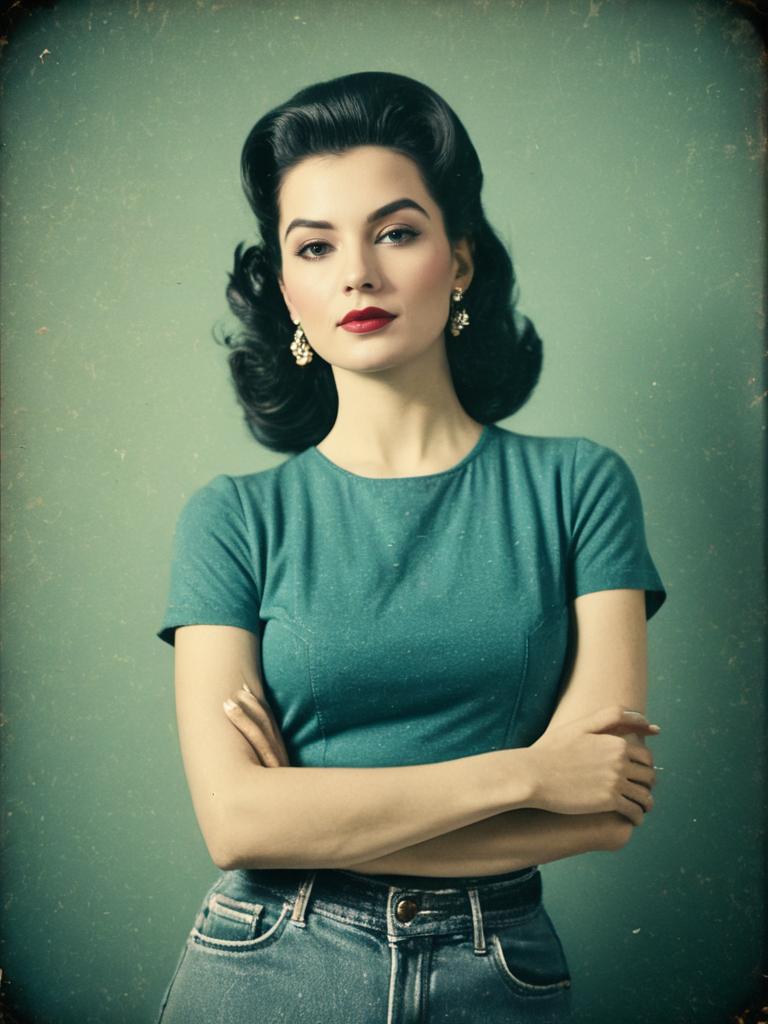 Retro Style Woman in Teal Top and High-Waisted Jeans with Vintage Hairstyle