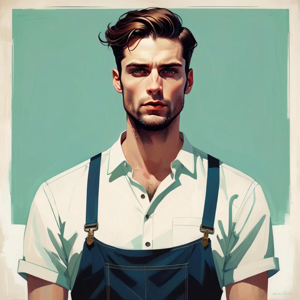 Stylized Portrait of Young Man in Overalls