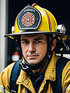 Close-Up Portrait of Man in Firefighter Costume with Helmet Detail