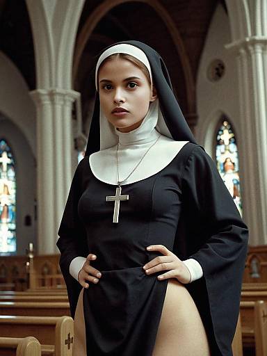 Young Woman in Traditional Nun Habit Inside Church with Stained Glass