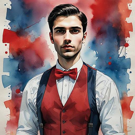 Stylish Young Man in Red Vest and Bow Tie Digital Portrait with Watercolor Background