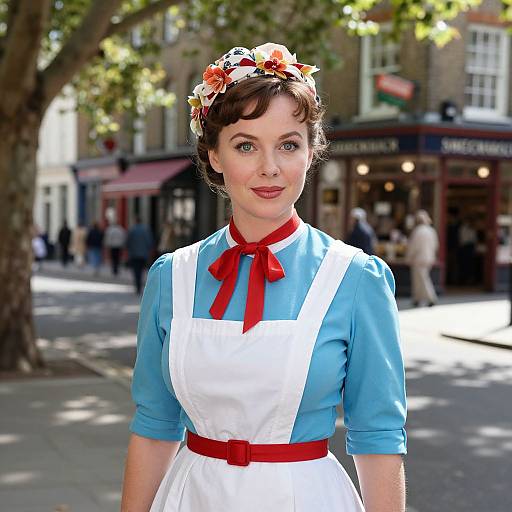 Vintage 1950s Woman in Retro Blue Dress with White Apron on Urban Street