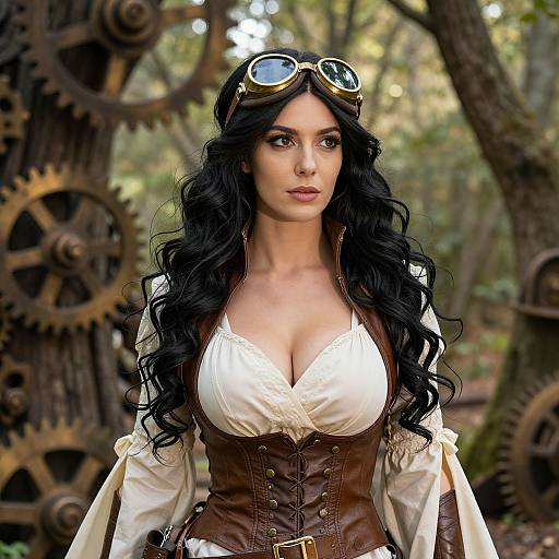Steampunk Woman in Leather Corset with Vintage Goggles in Forest