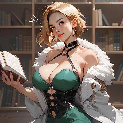 Confident Blonde Woman Reading Book in Anime Style Library Illustration