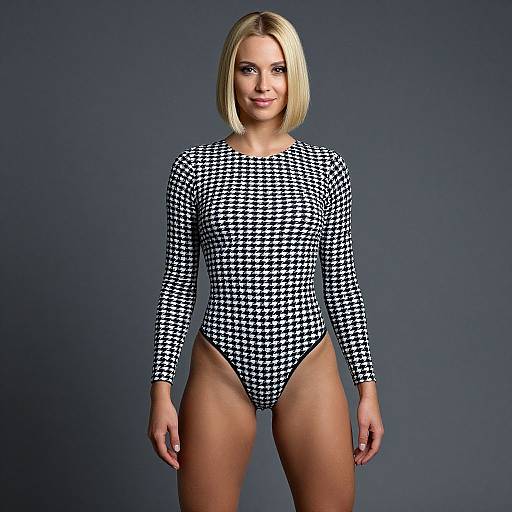 Woman in Black and White Houndstooth Long Sleeve Bodysuit