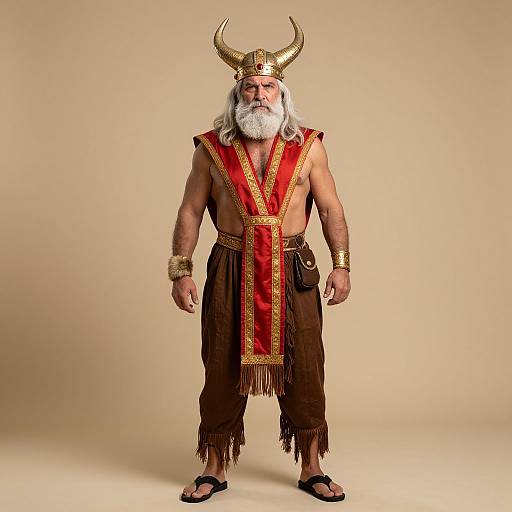 Muscular Viking Warrior Man in Horned Helmet Costume
