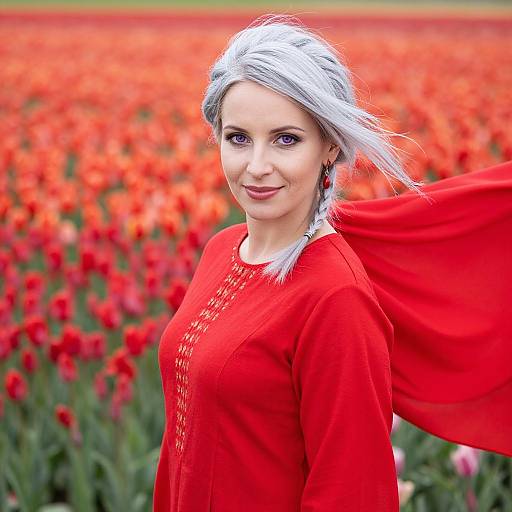 Woman in Red Dress with Silver Hair in Tulip Field