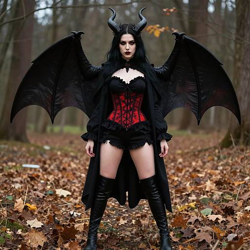 Woman in Gothic Demon Costume with Horns and Bat Wings in Forest