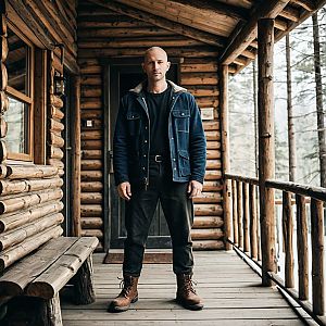 Man on Porch of Rustic Log Cabin in Forest