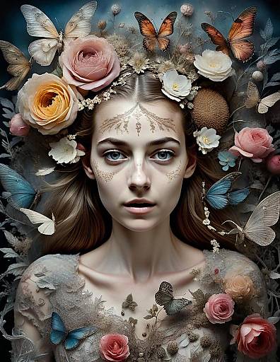 Ethereal Woman with Floral Crown and Butterflies Surreal Portrait