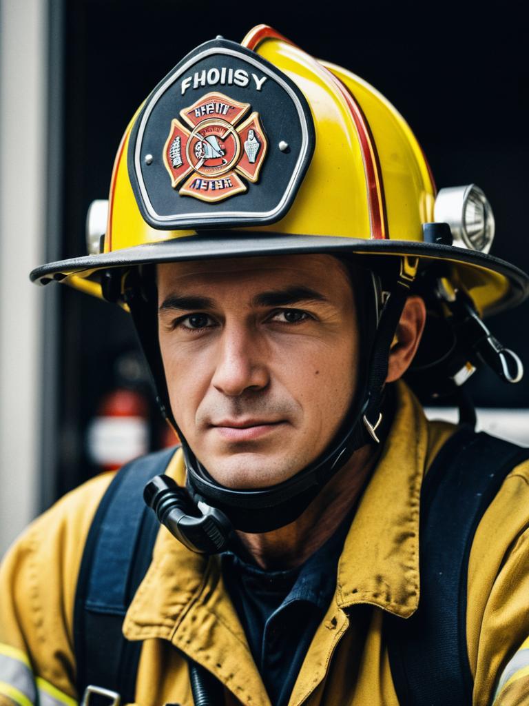 Close-Up Portrait of Man in Firefighter Costume with Helmet Detail