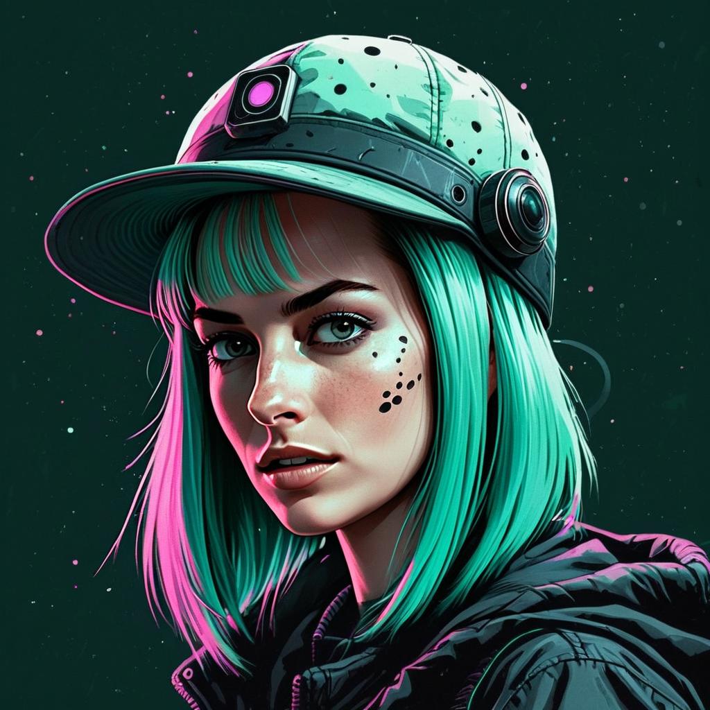 Cyberpunk Woman with Teal Hair and Futuristic Cap Digital Portrait