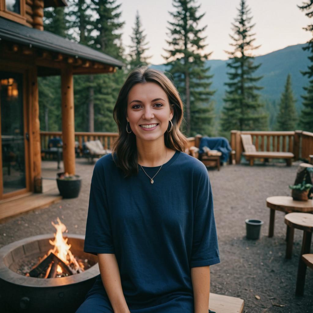 Woman Smiling by Fire Pit in Cozy Forest Setting