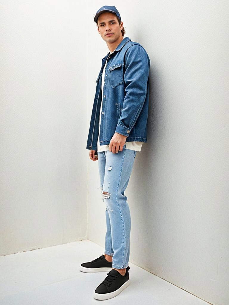 Trendy Young Man in Denim Jacket and Ripped Jeans