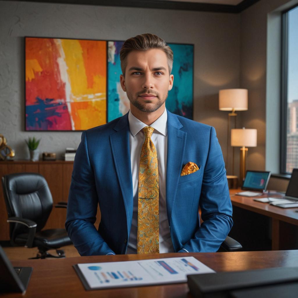 Confident Man in Blue Suit at Office Desk