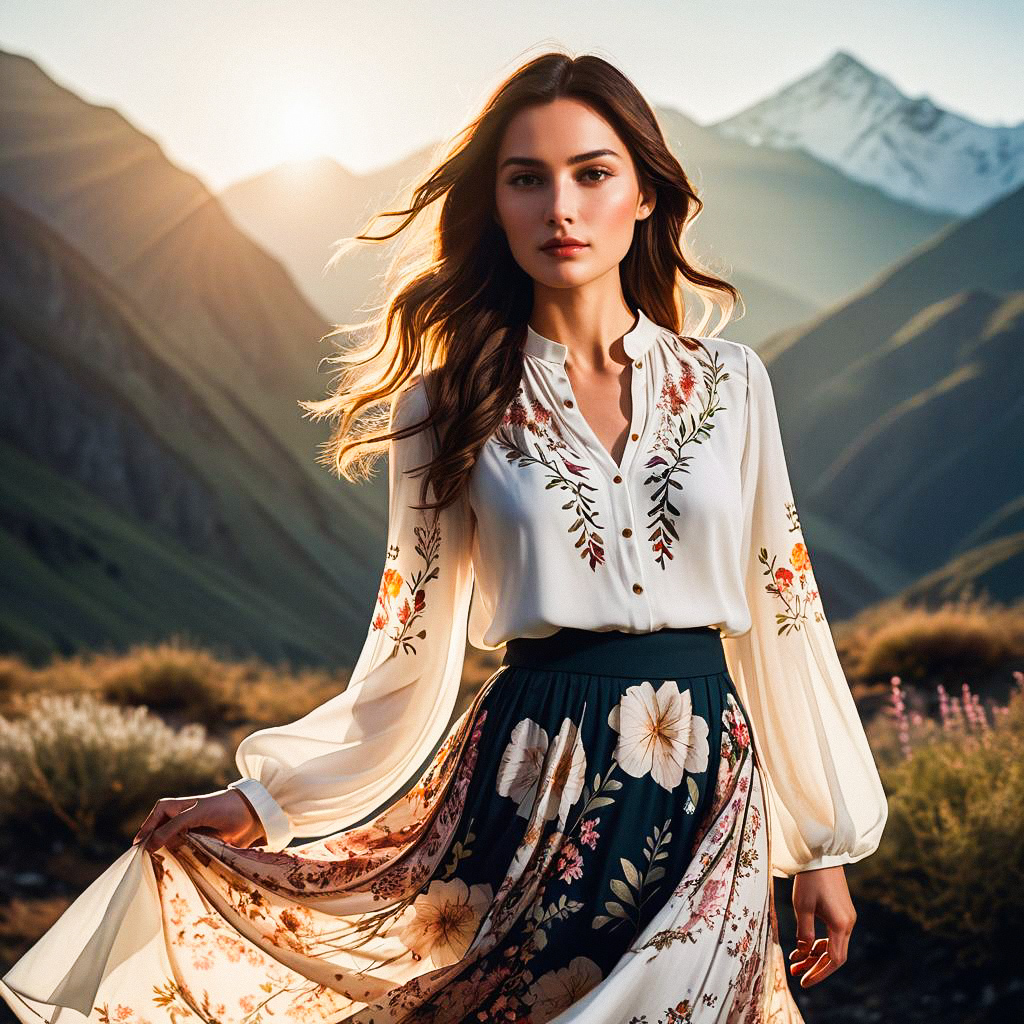 Woman in Bohemian Outfit at Sunset in Mountains Woman in Bohemian Outfit at Sunset in Mountains