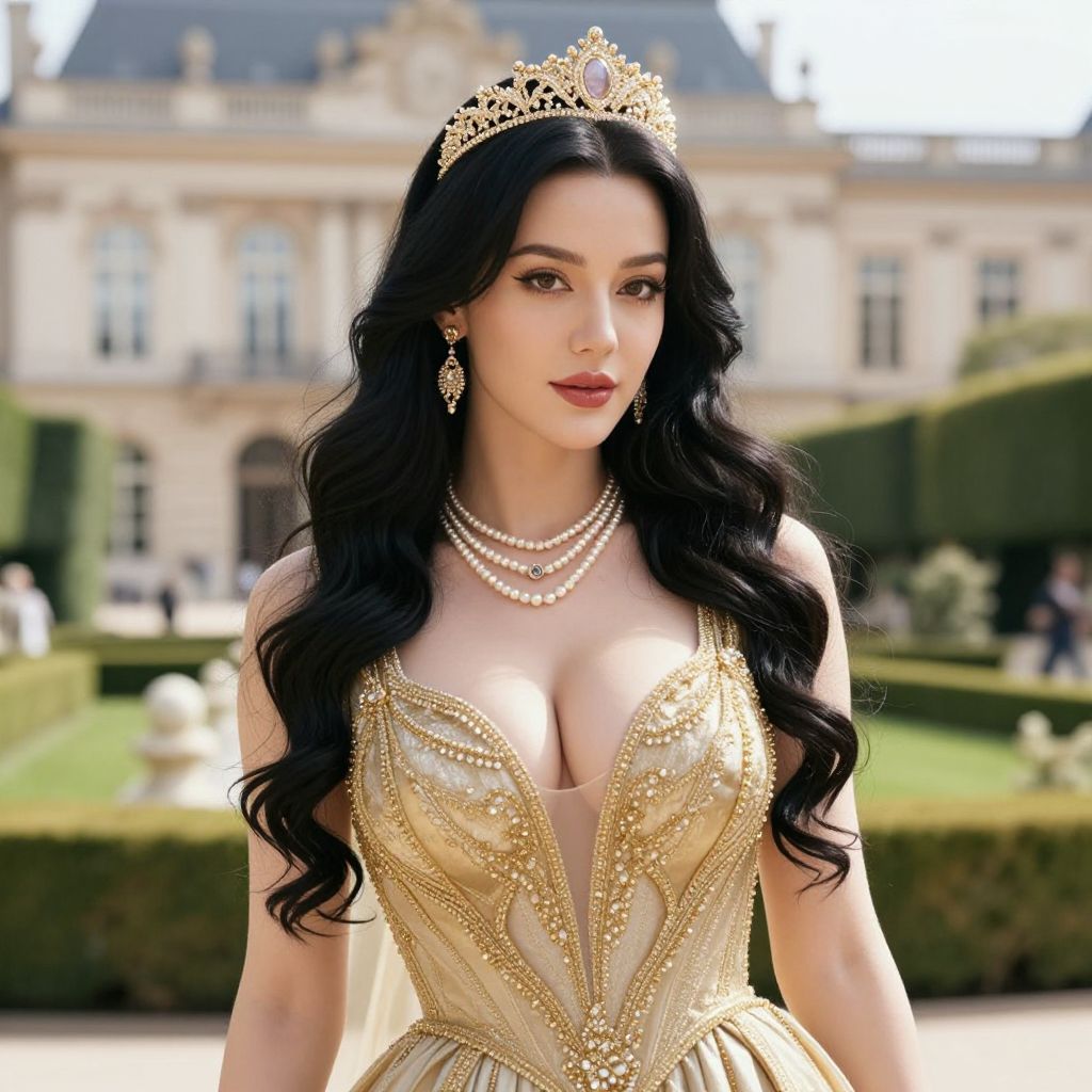 Elegant Woman in Golden Beaded Gown with Tiara at Palace