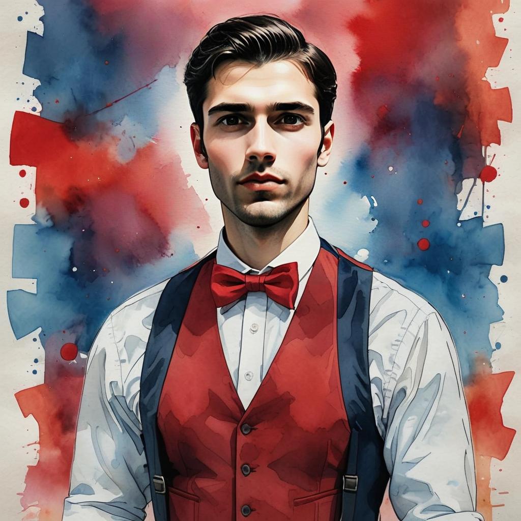 Stylish Young Man in Red Vest and Bow Tie Digital Portrait with Watercolor Background