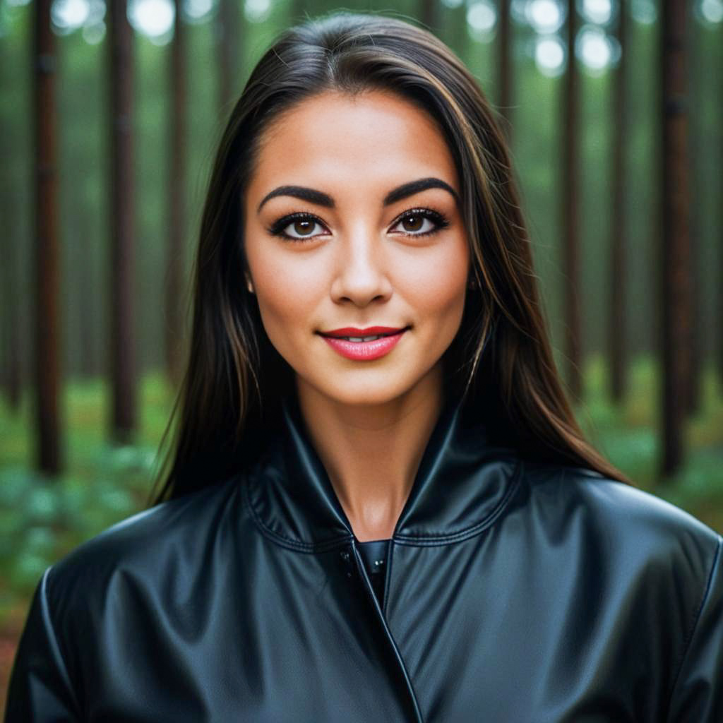 Confident Woman in Forest with Black Jacket