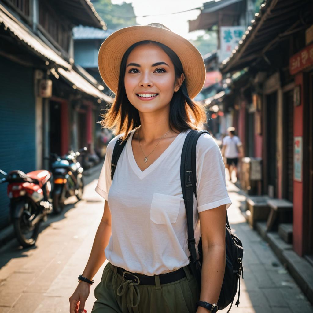 Smiling Woman in Straw Hat Strolling in Traditional Street