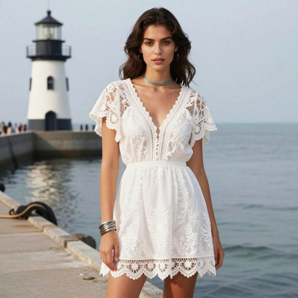 Bohemian Chic White Lace Mini Dress with Floral Embroidery by the Sea