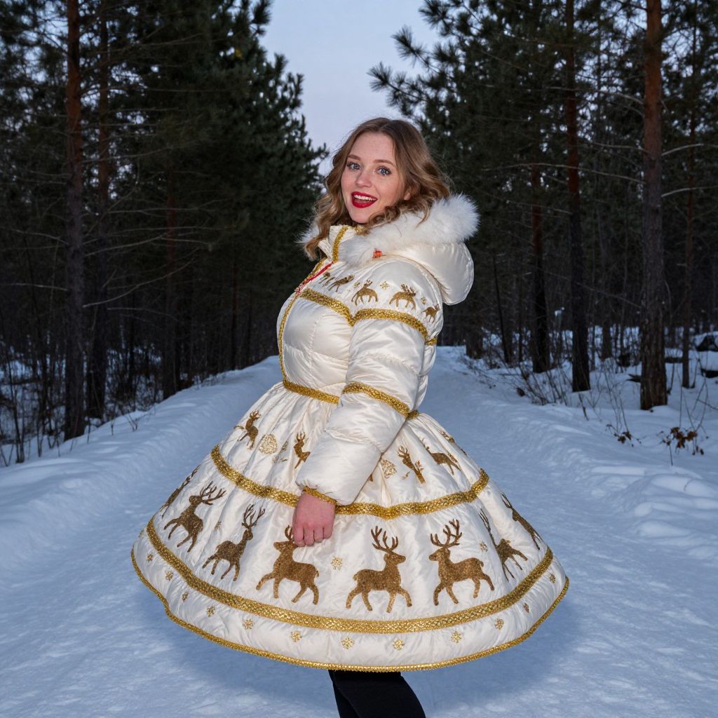 Woman in Festive White and Gold Reindeer Winter Coat in Snowy Forest