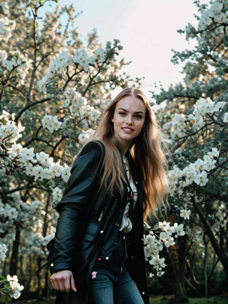 Cheerful Woman in Blossoming Flowers