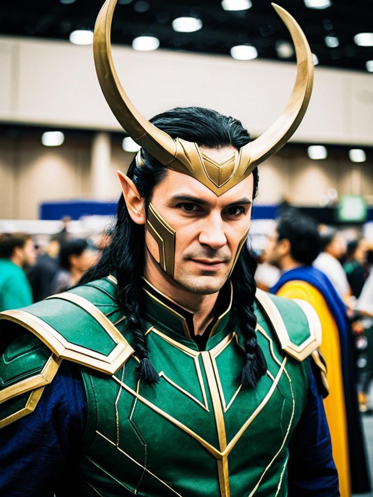 Man in Loki Ragnarok Cosplay Candid Portrait at Comic Convention