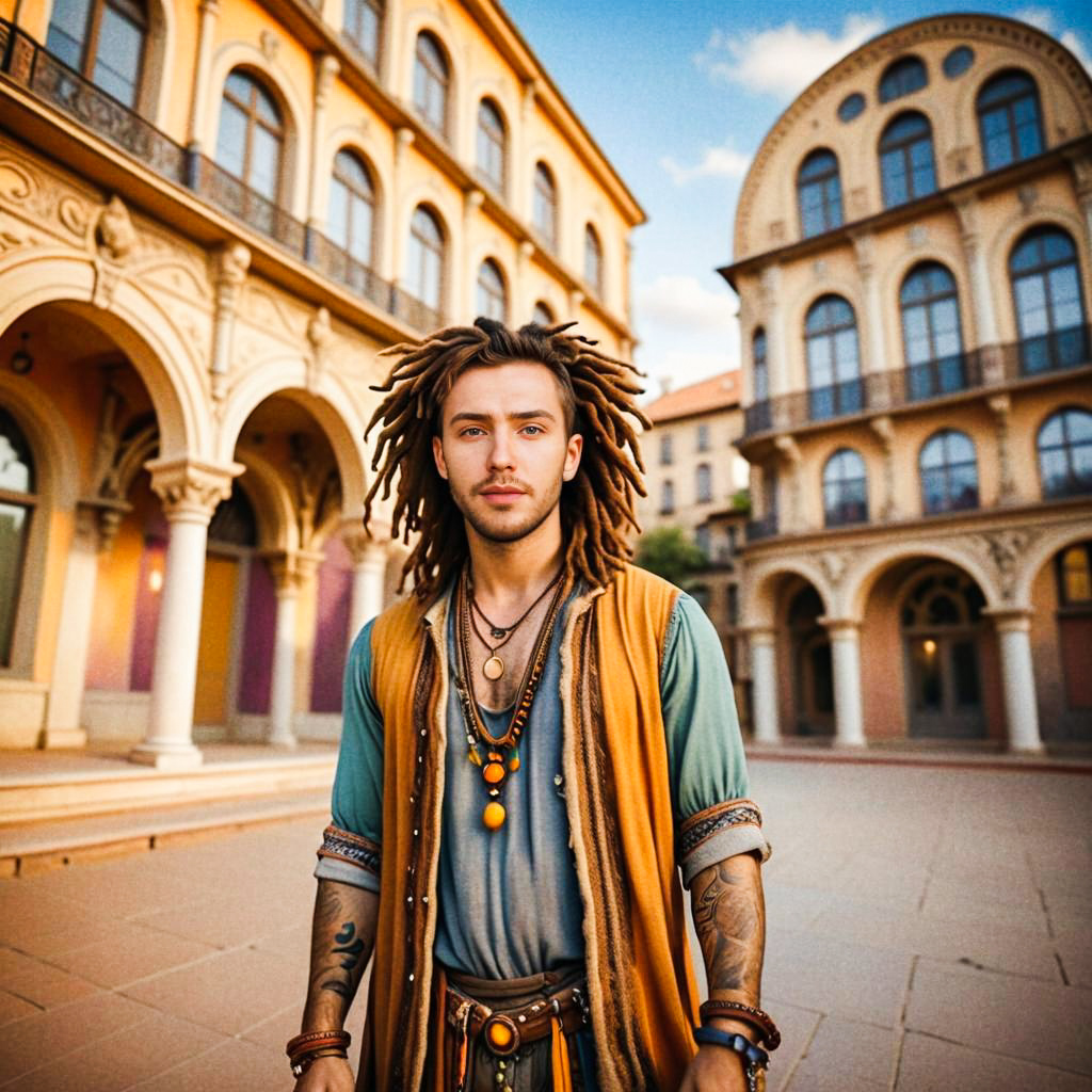 Confident Young Man in Bohemian Attire in Classic Architecture