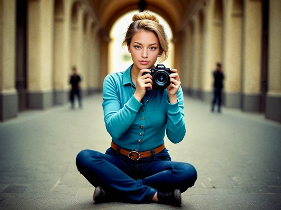 Young Woman with Camera in Architectural Setting