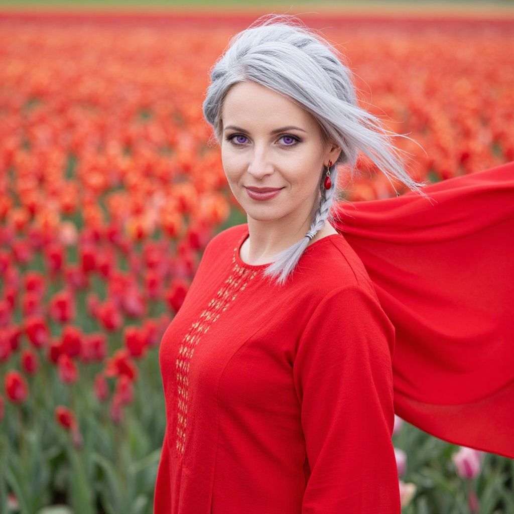 Woman in Red Dress with Silver Hair in Tulip Field