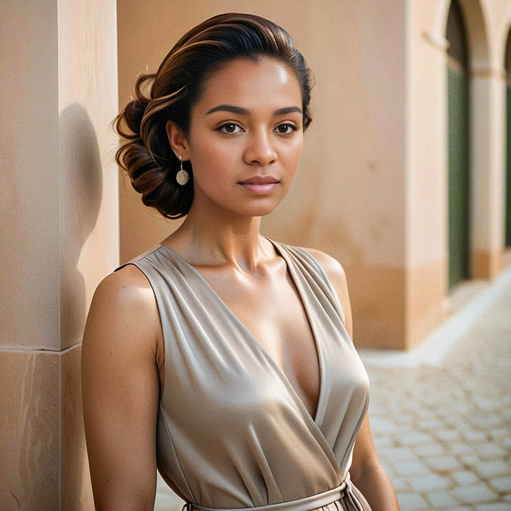 Elegant Woman in Sophisticated Outfit Against Architectural Backdrop Elegant Woman in Sophisticated Outfit Against Architectural Backdrop