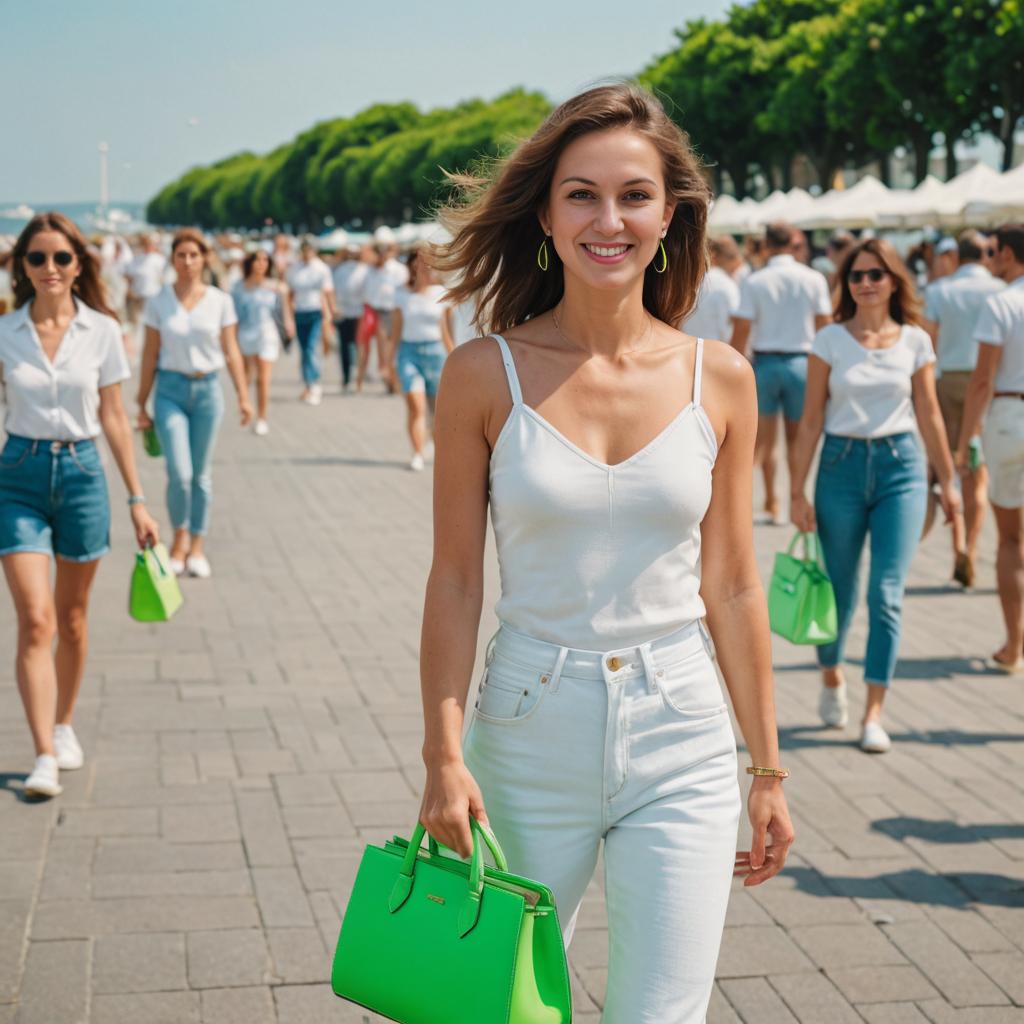 Smiling Woman with Green Handbag on Promenade